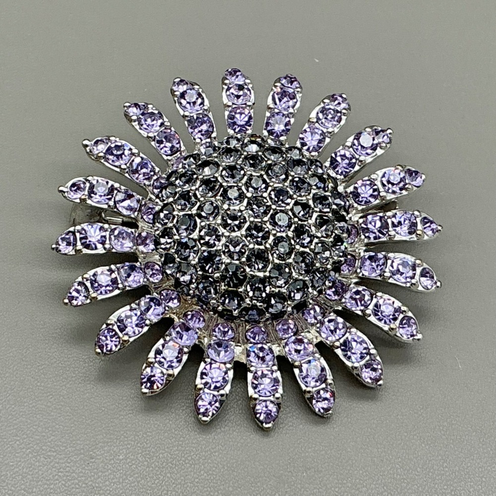Napier Brooch Purple Crystal Rhinestone Sunflower Floral Pin Silver Tone 2 In